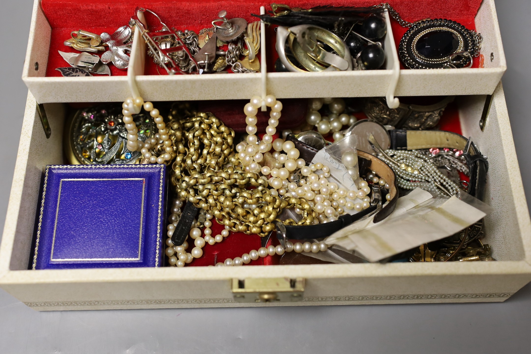 A collection of assorted costume jewellery etc. including a 19th century pinchbeck muff chain, 112cm, a lady's Rotary wrist watch, a lady's Omega wrist watch and a double strand graduated cultured pearl necklace with whi